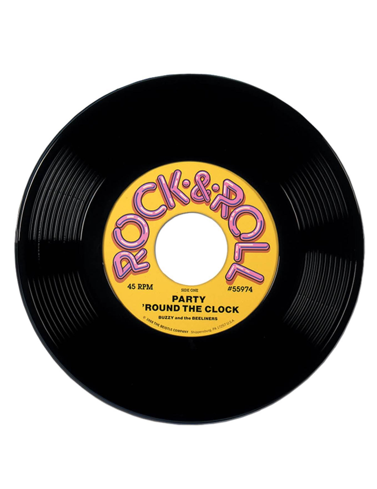 Disque vinyle géant décoration années 50 pour fête noir avec étiquette jaune Rock & Roll