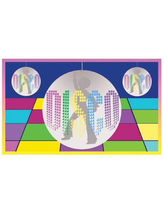 Drapeau disco pour fête multicolore avec boules à facettes et silhouettes de danseurs