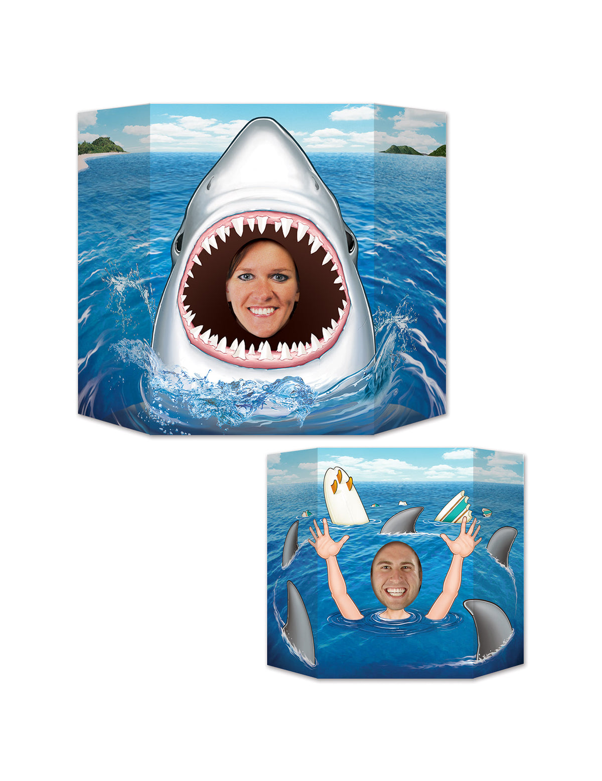 Passe tête en carton Requin pour adulte bleu et blanc décor marin