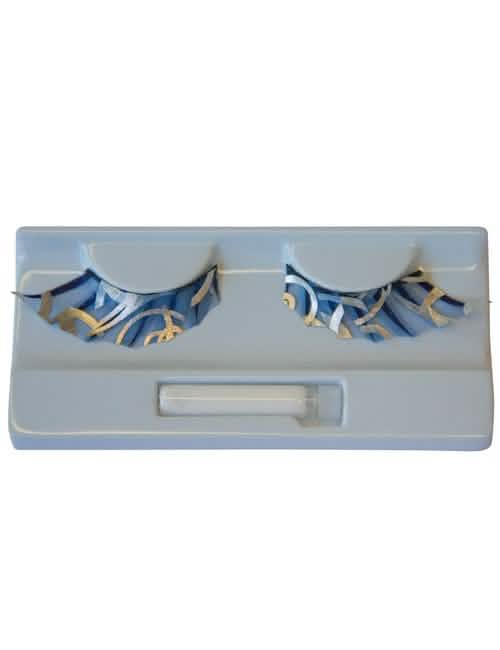 Faux cils festifs pour adulte bleus avec motifs dorés et argentés
