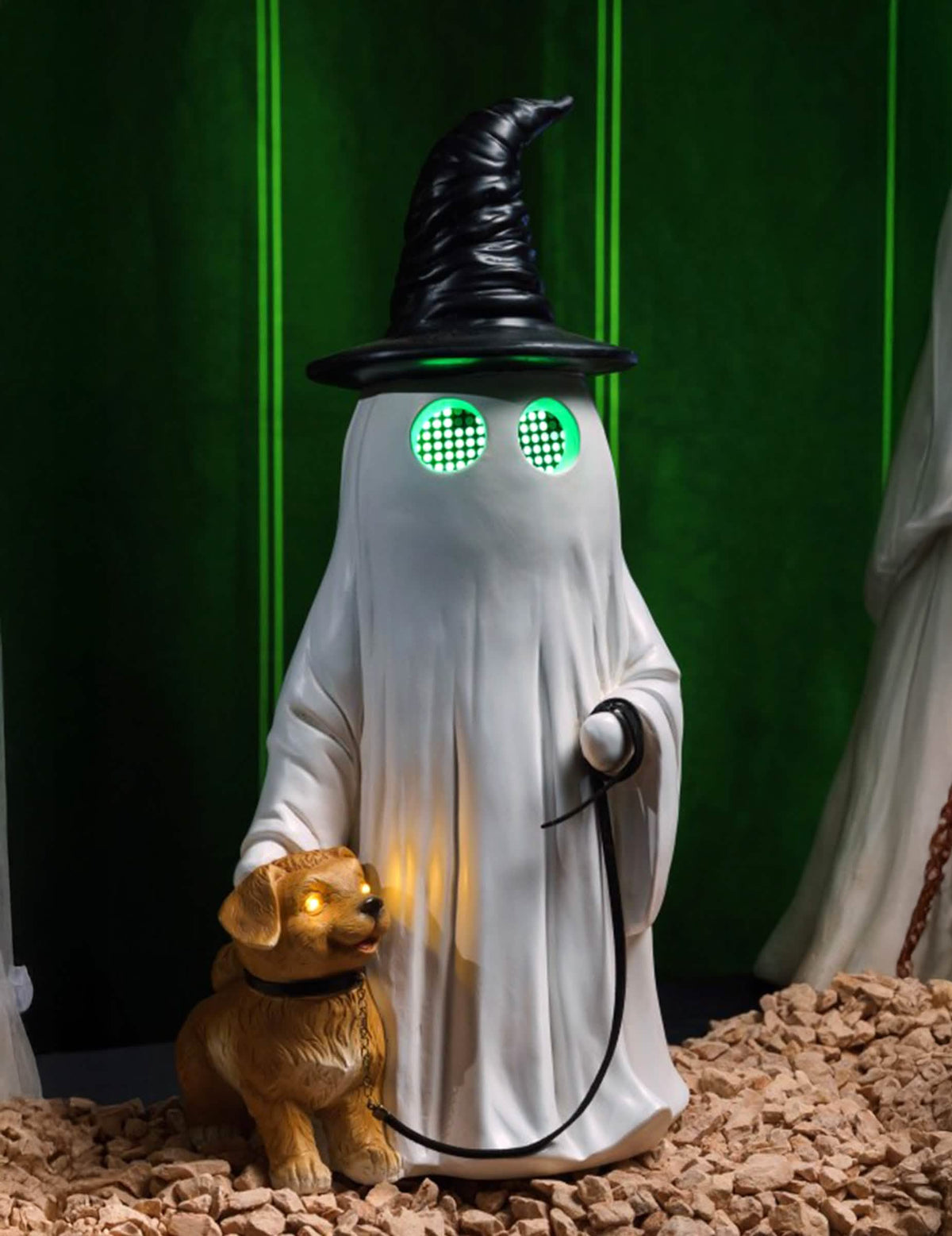 Halloween Deko-Gespenst Summerween aus Harz mit LED-Augen und Hund 45,5cm