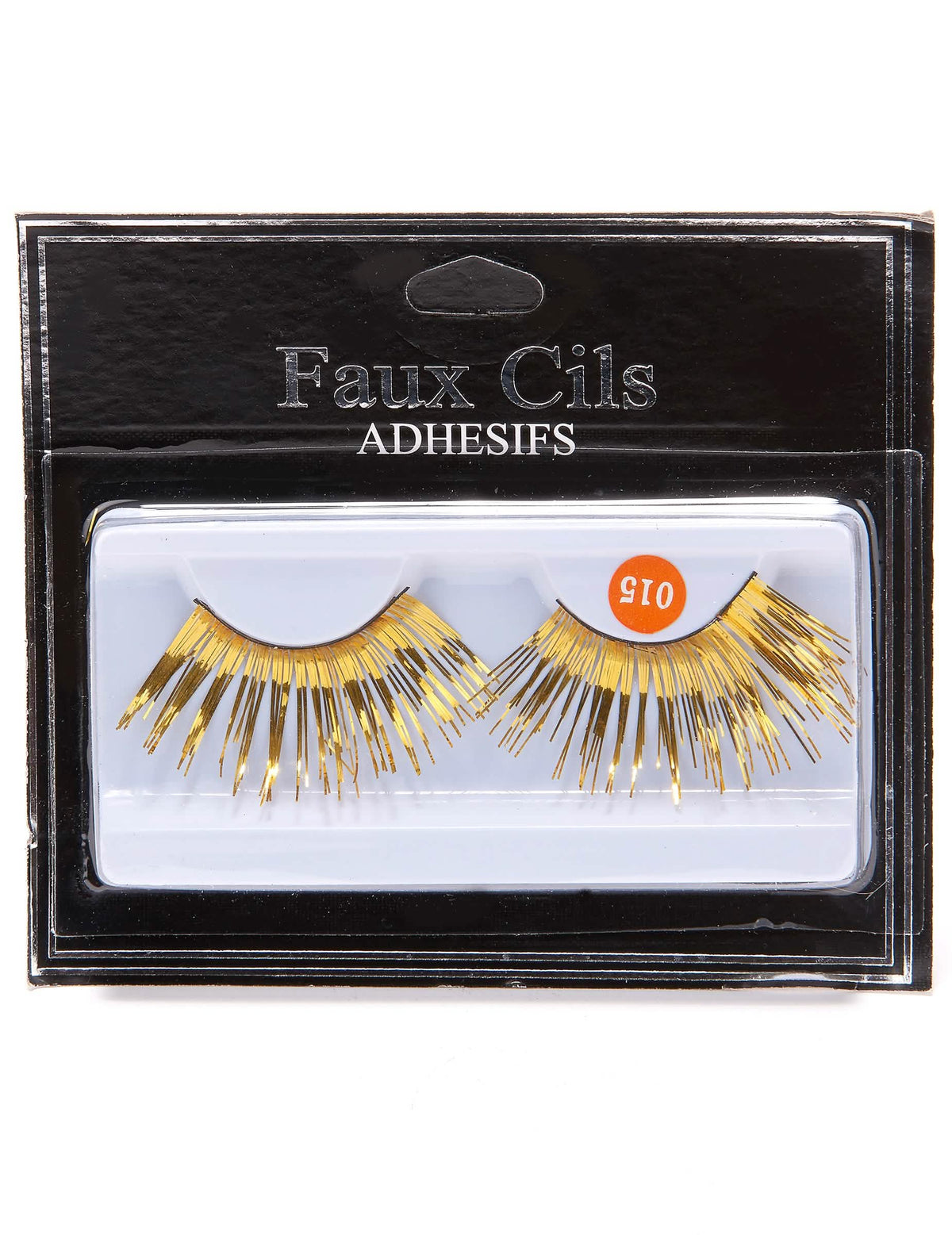 Vue de l'emballage des faux cils longs pour adulte dorés