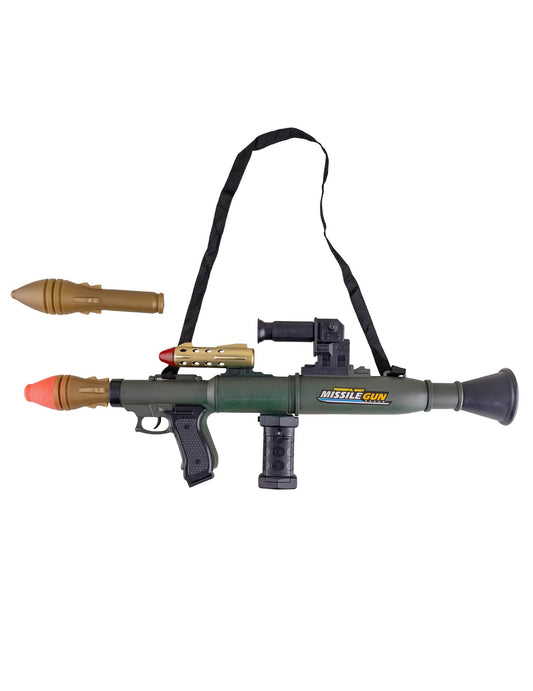 Vue avec sangle et missile du faux lance-roquettes de soldat pour enfant