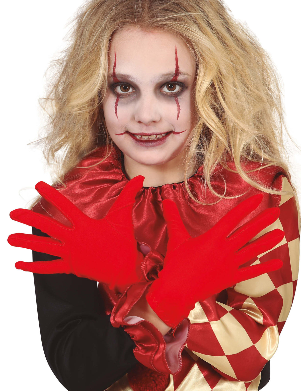 Vue portée des gants courts rouges pour enfant