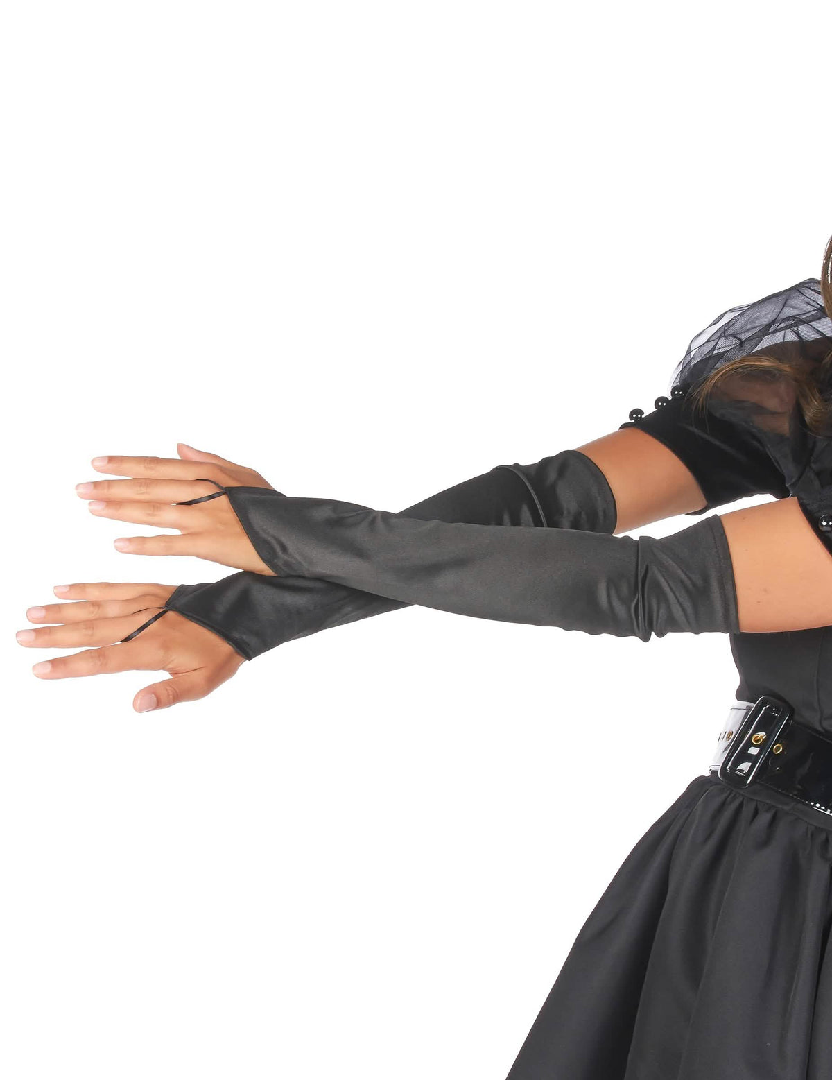 Lange, satinierte fingerlose Handschuhe für Erwachsene schwarz