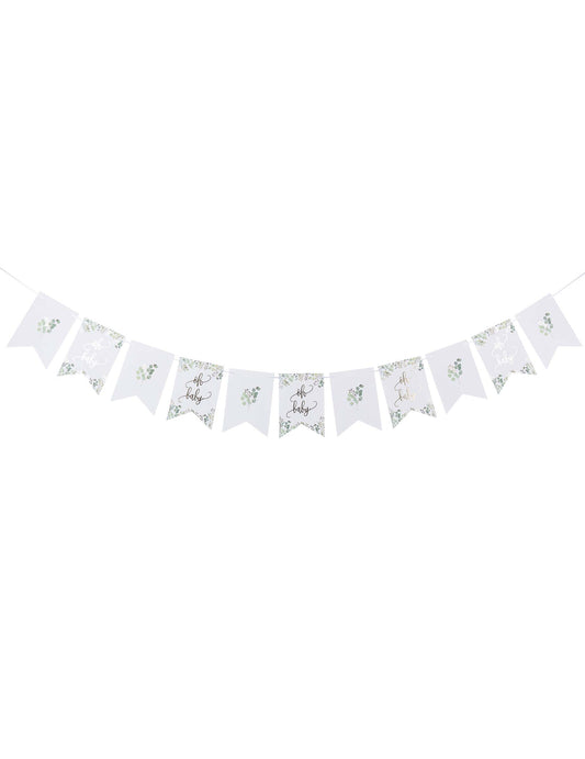 Vue d'ensemble de la guirlande de fanions Oh Baby végétal pour baby shower