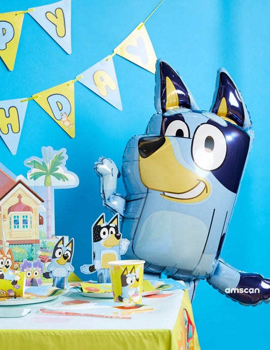Mise en situation de la guirlande de fanions Happy Birthday Bluey