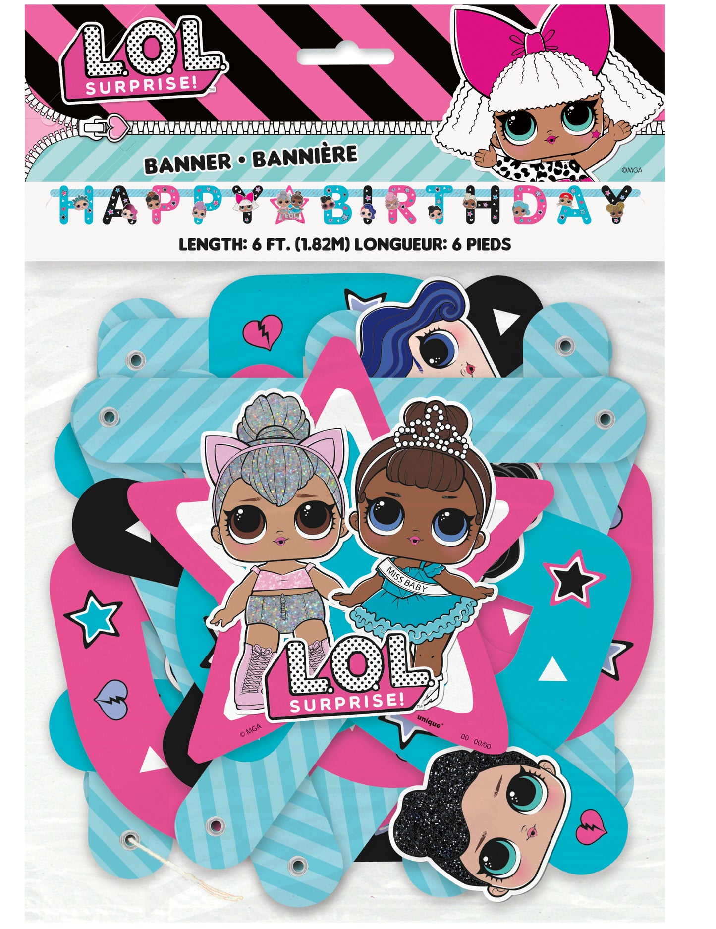 Détail des personnages et éléments de la guirlande Happy Birthday LOL Surprise