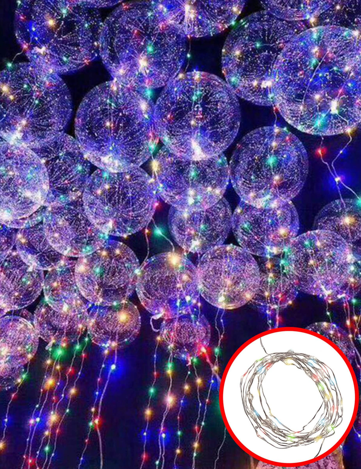 Mise en situation sur ballons de la guirlande lumineuse multicolore pour fête