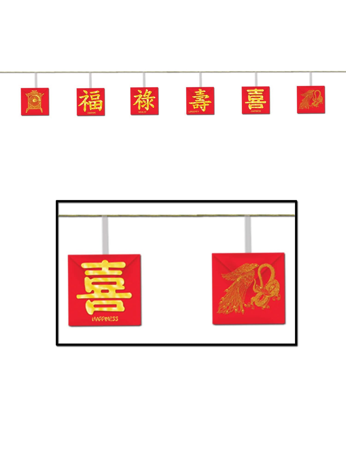 Girlande zum chinesischen Neujahr zur Dekoration in Rot und Farbe Gold mit goldenen Symbolen