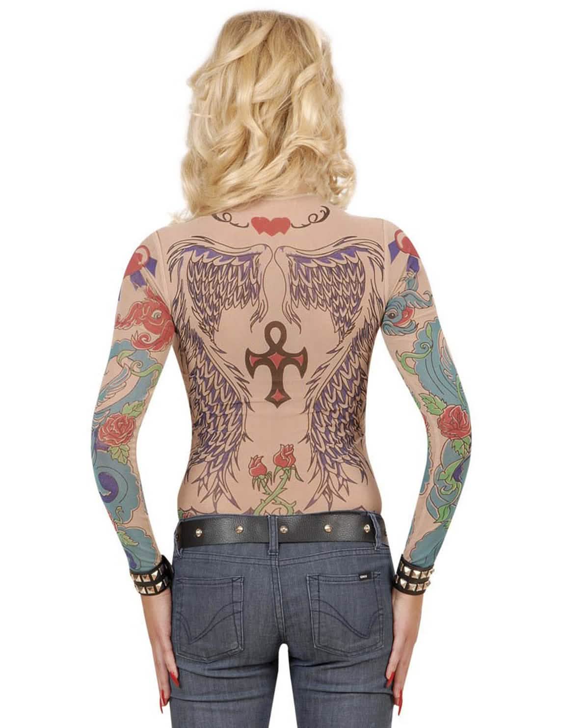 Rückansicht des langärmeligen Oberteils mit Tattoos-Effekt für Damen