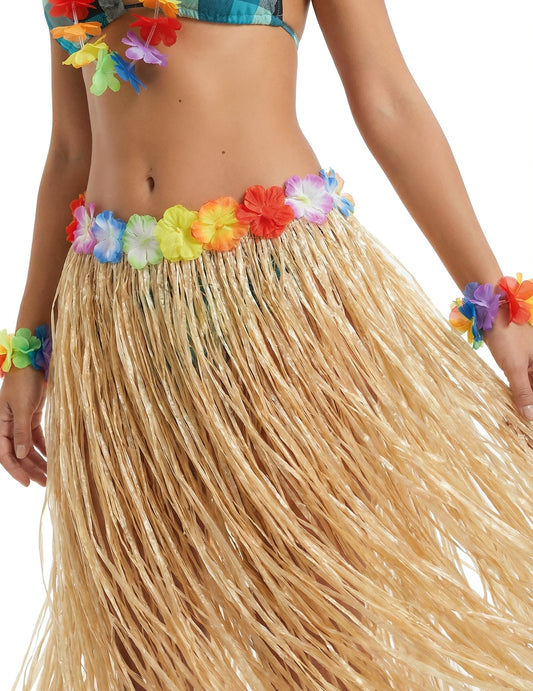 Gros plan sur la ceinture de fleurs de la jupe hawaïenne longue pour adulte