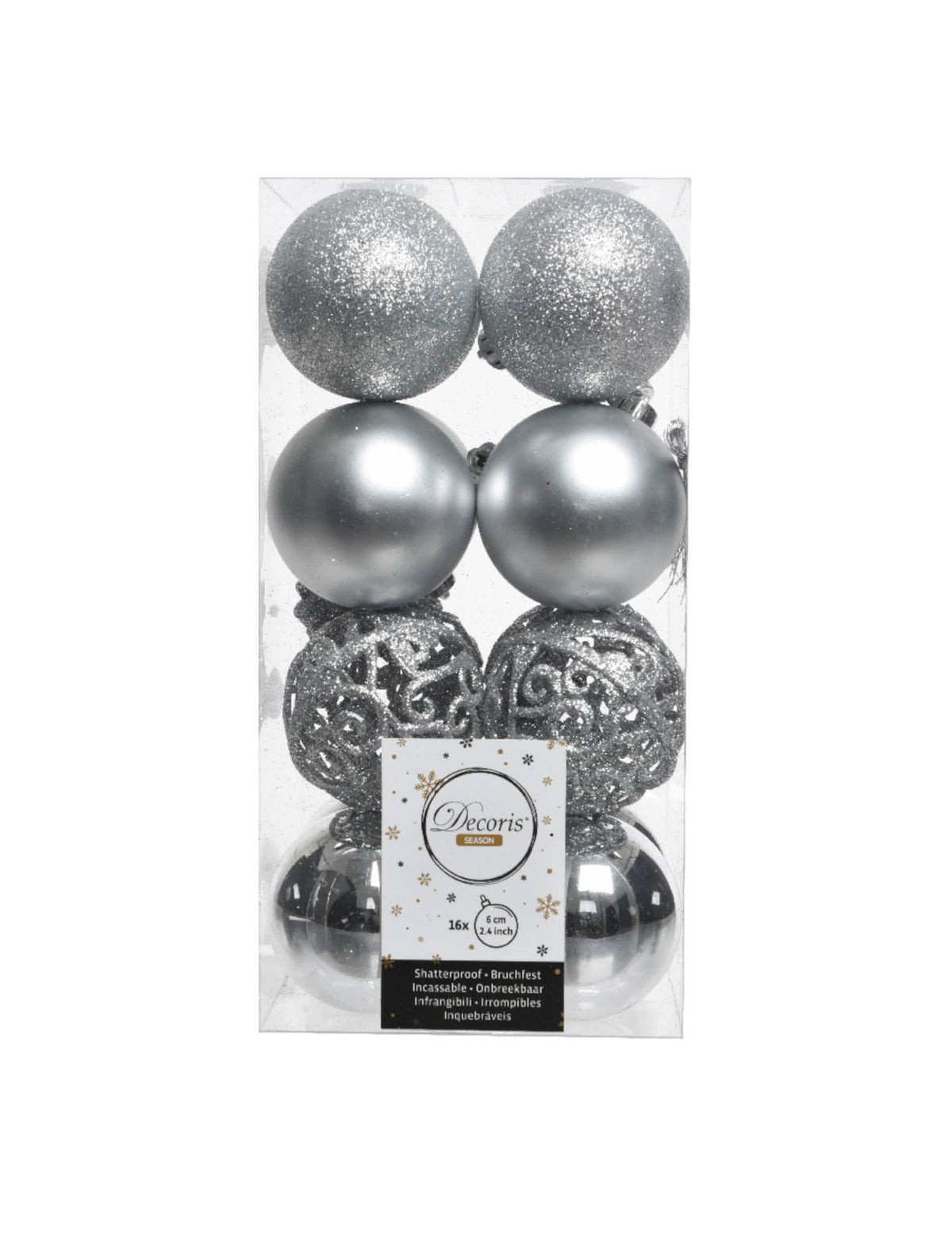 Vue de face de la boîte de boules de noël argentées aux effets variés