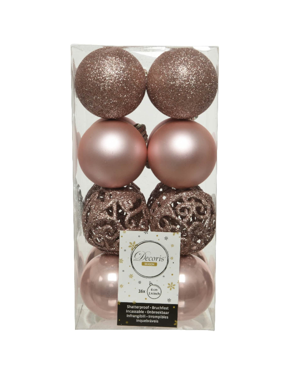 Vue de face de la boîte de boules de Noël pour décoration rose gold brillantes et mates