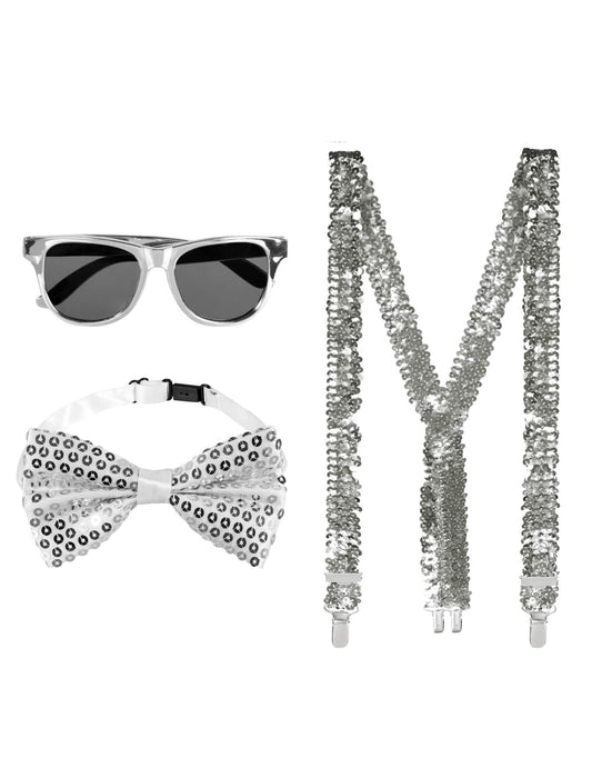 Vue d'ensemble des éléments du kit accessoires à sequins pour adulte argentés