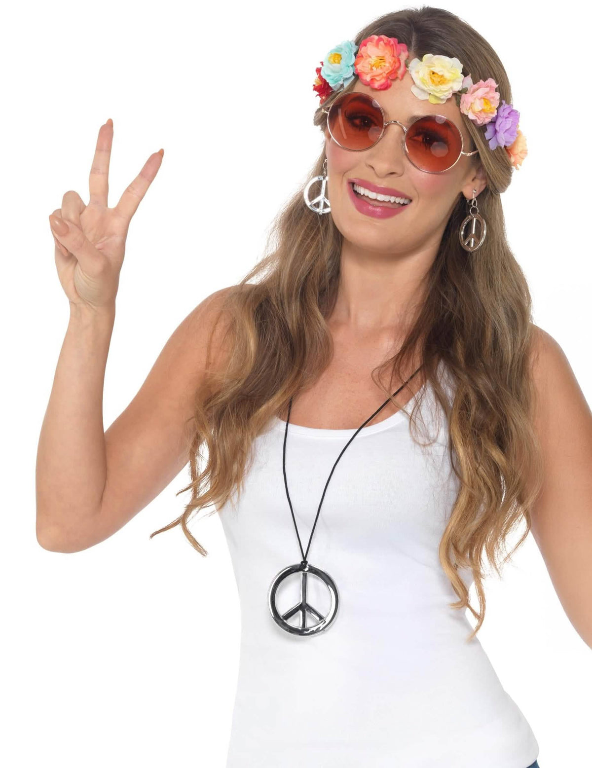 Kit accessoires hippie pour femme avec couronne de fleurs et bijoux peace and love argentés