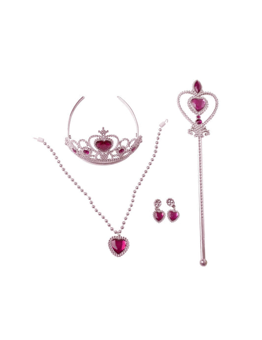 Détail de la couronne, de la baguette et des bijoux du kit accessoires princesse des rêves