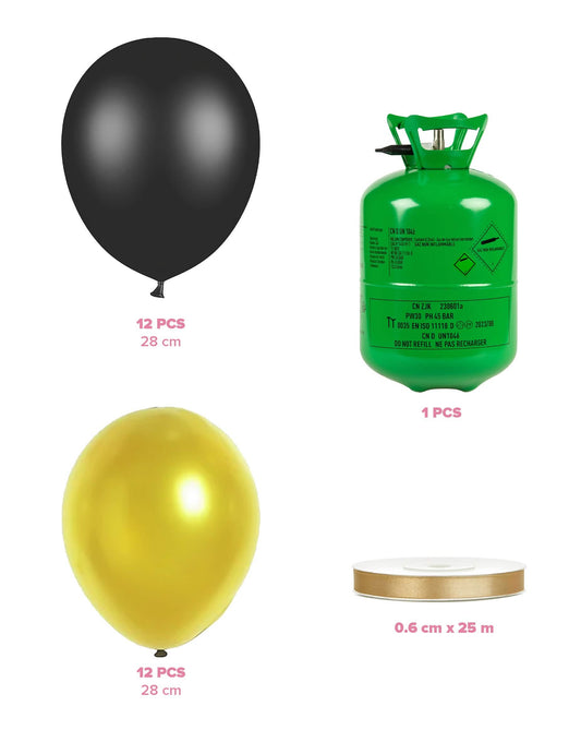 Heliumflaschen-Set mit 24 Ballons schwarz-gold