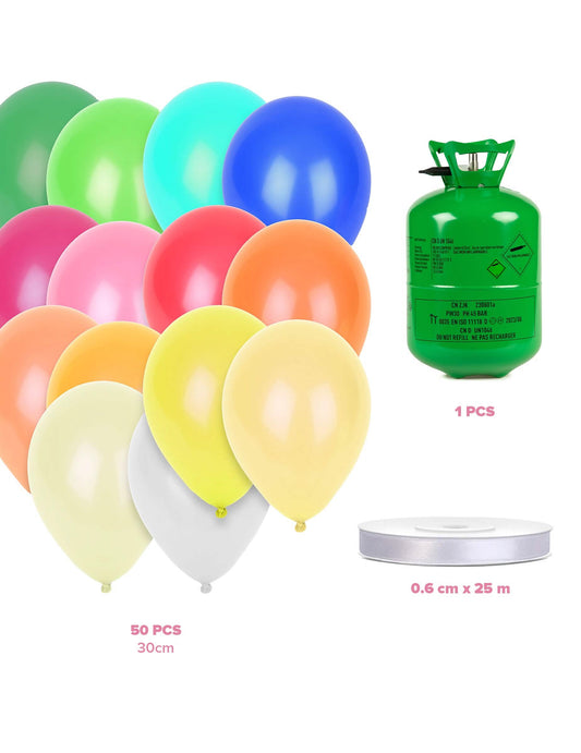 Helium Flaschen Set mit 50 bunten Ballons