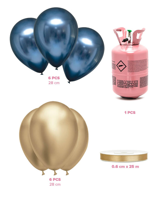 Heliumflaschen-Set mit 12 Ballons blau-gold