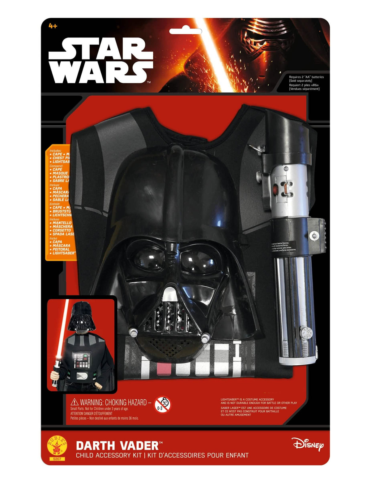 Vue du packaging avec les accessoires du kit Dark Vador pour enfant