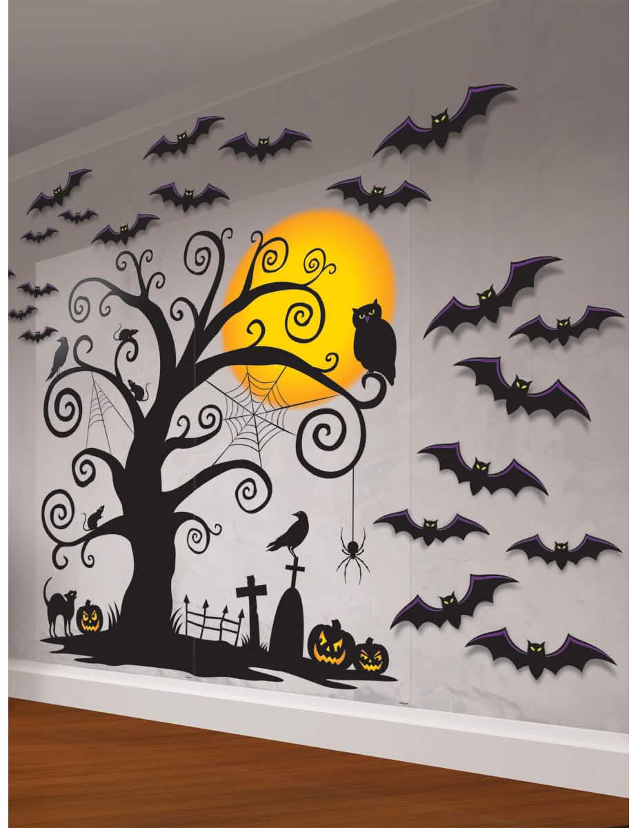 Kit de décoration murale cimetière pour Halloween noir avec chauves-souris et citrouilles