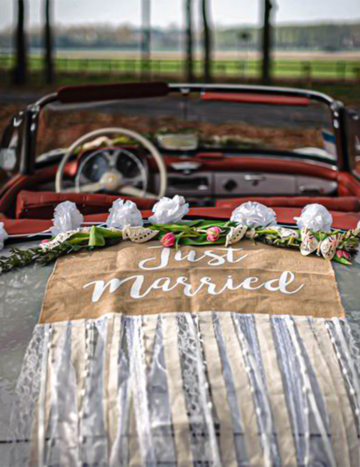 Kit Hochzeitsauto Jute und Spitze Landhausstil komplett Just Married