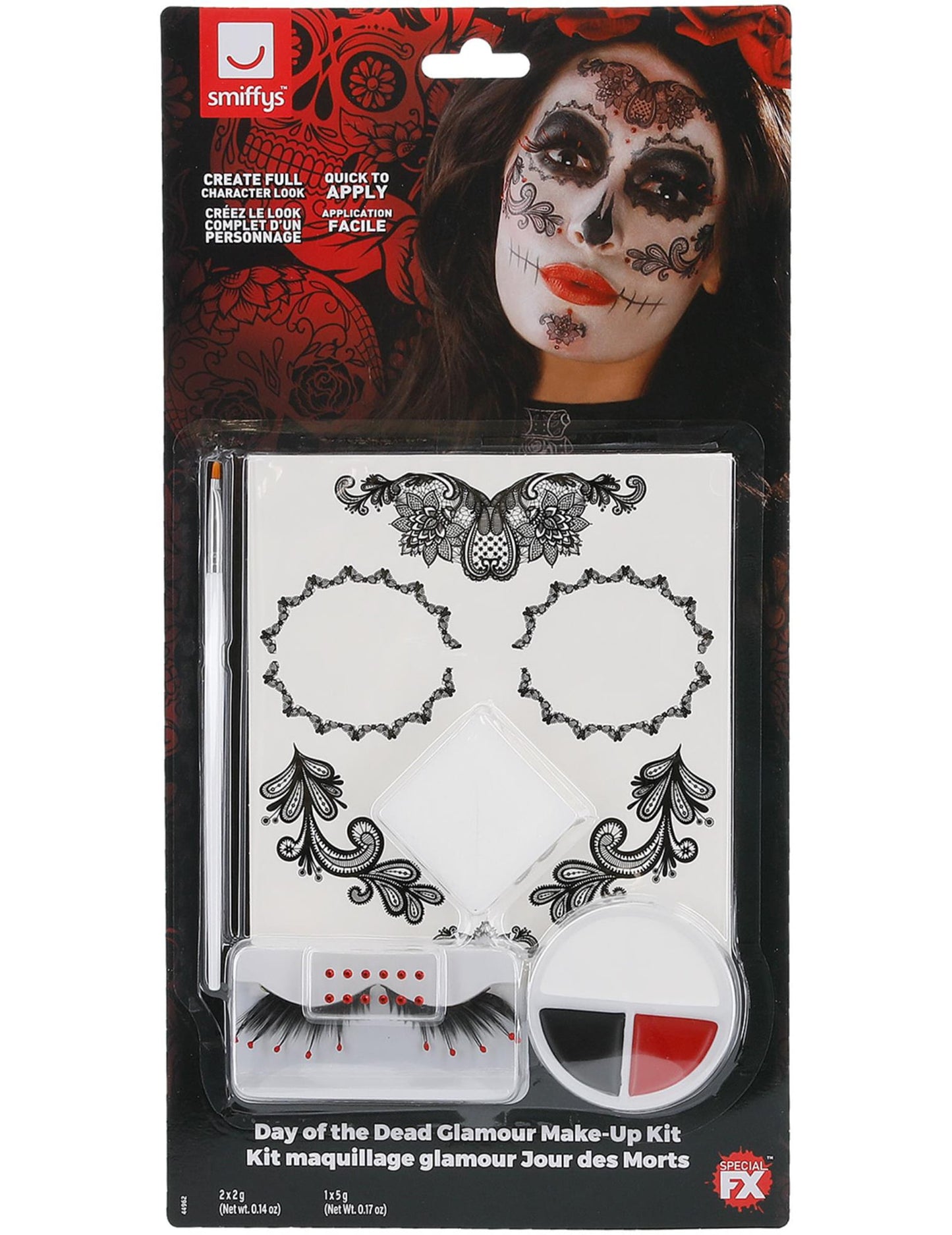 Vue de l'emballage du kit maquillage glamour avec faux cils et bijoux Dia de los muertos