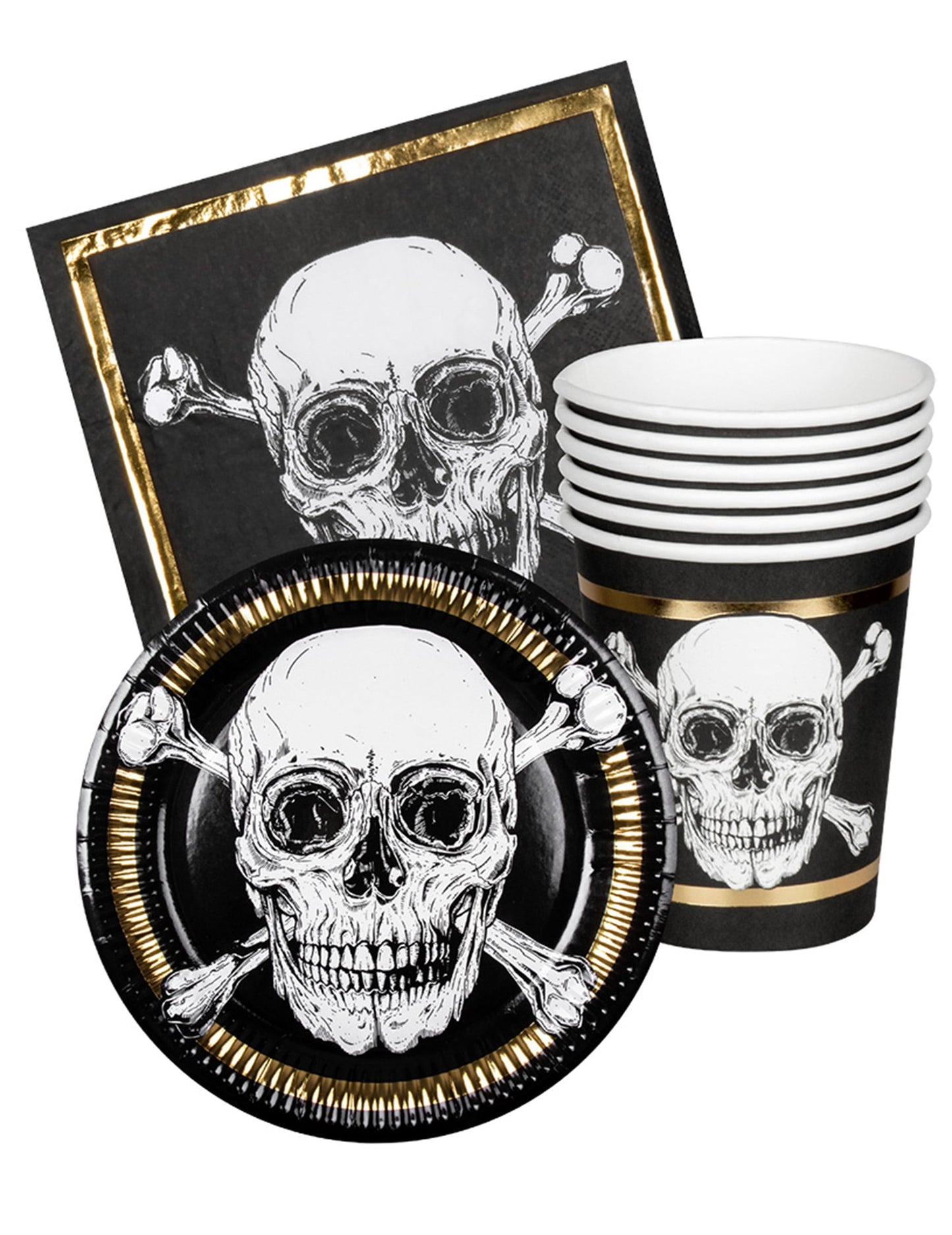 Kit vaisselle Pirate Jolly Roger pour 6 personnes noir et doré