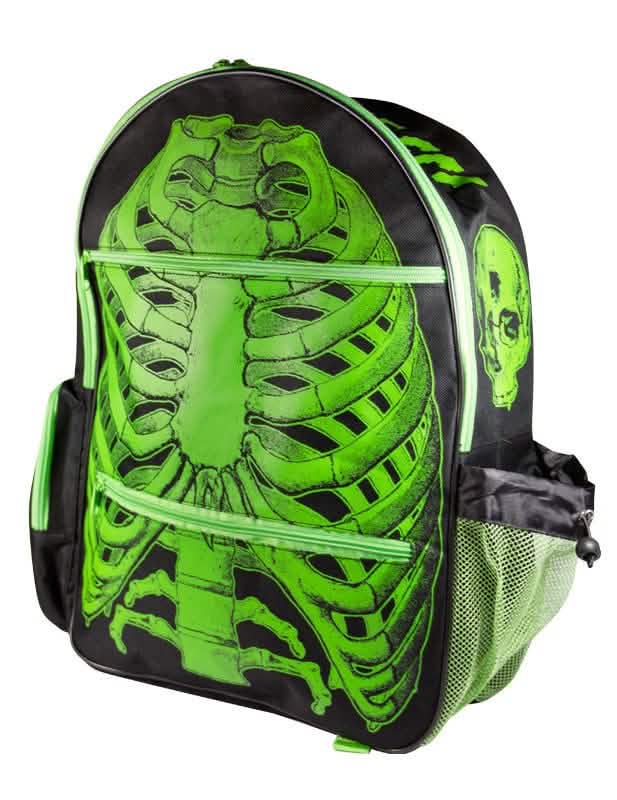 Sac à dos squelette vert et noir avec motif de cage thoracique et crâne
