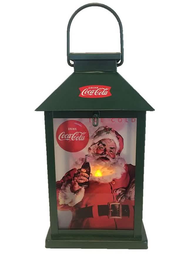 Leuchtende Coca-Cola-Laterne für grüne Dekoration mit Illustration des Weihnachtsmanns