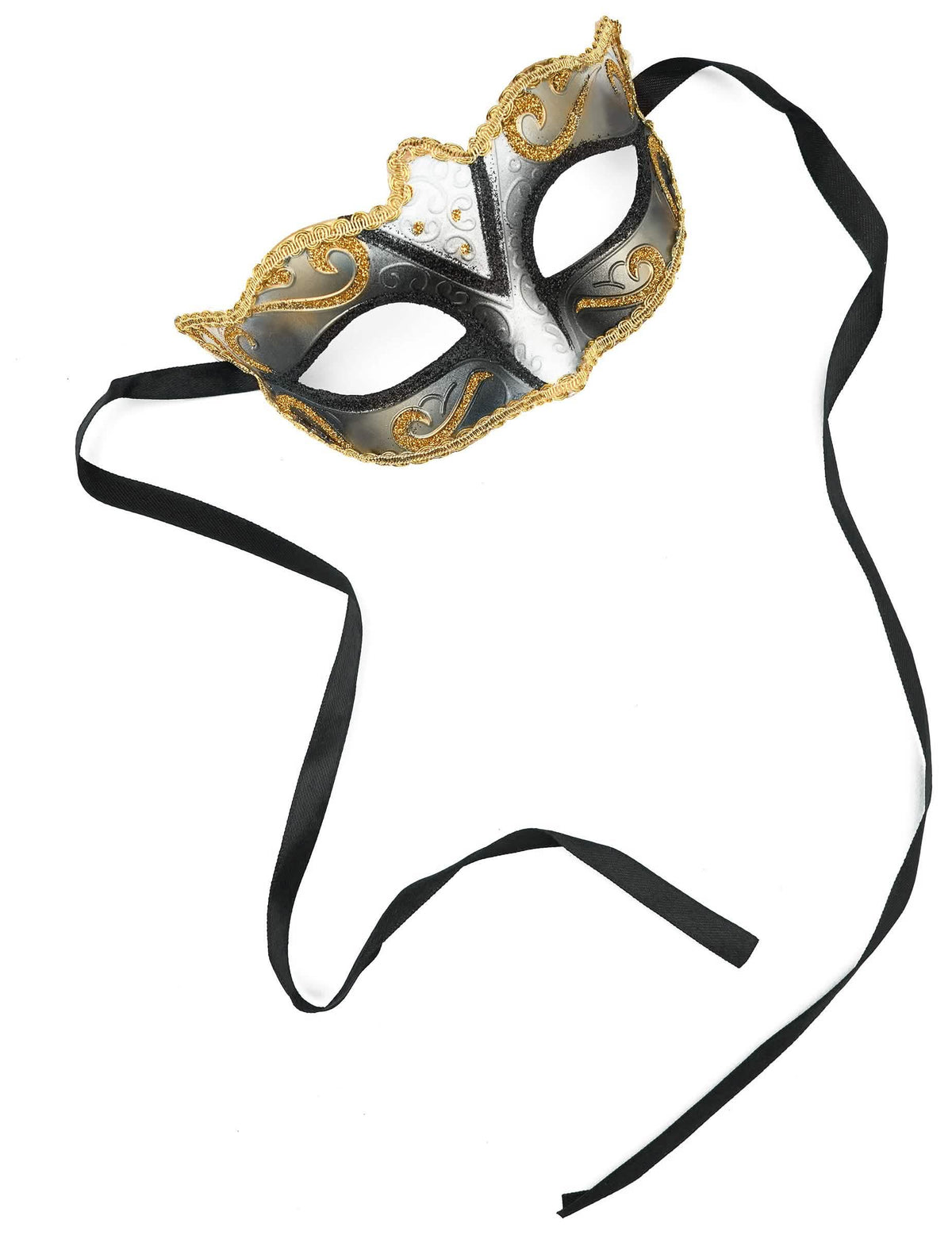 Detail der Befestigungsbänder der venezianischen Gold- und glitzernden Wolf-Maske