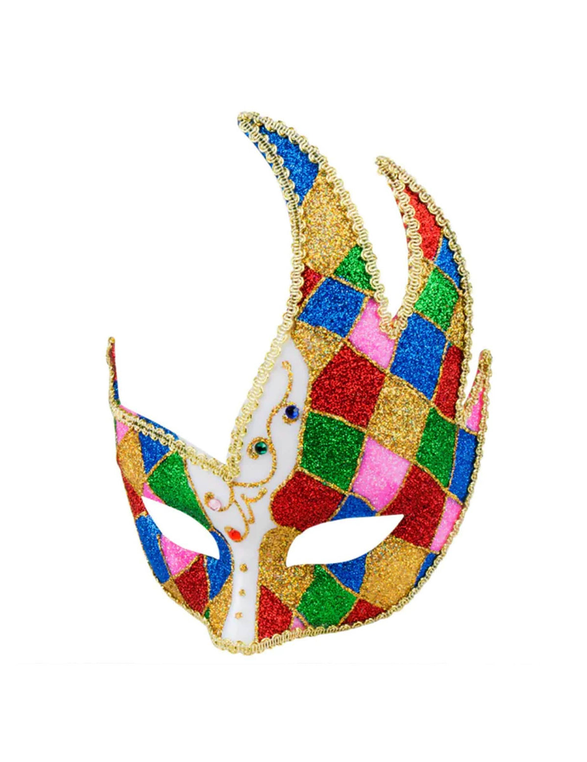 Frontalansicht der asymmetrischen Form der bunten Rauten des venezianischen Masks für Erwachsene