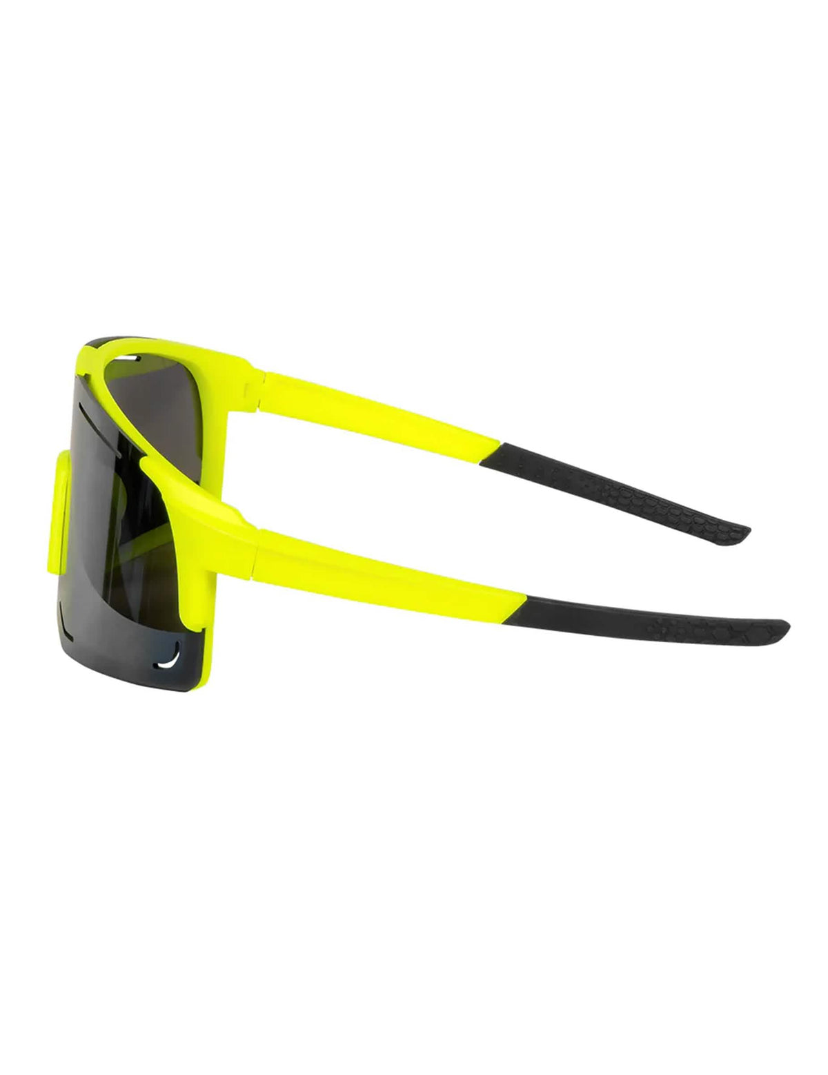 Vue de profil des lunettes de fête jaune fluo pour adulte réactives aux UV Blacklight