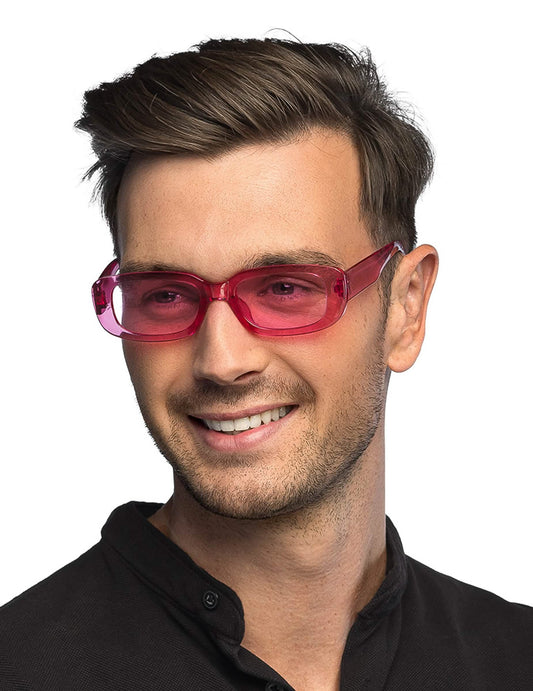 Vue de face portée des lunettes roses transparentes pour adulte turn off