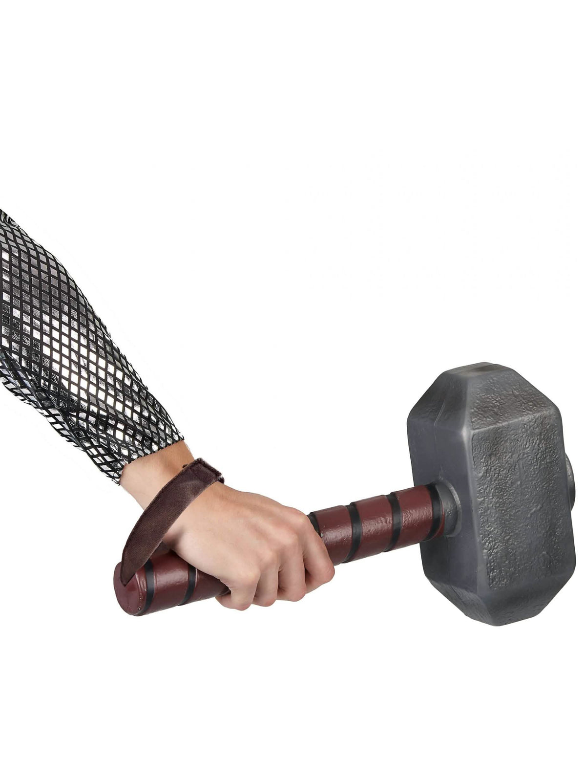 Nahaufnahme des von Hand gehaltenen Griffs des Thor-Hammers aus Kunststoff