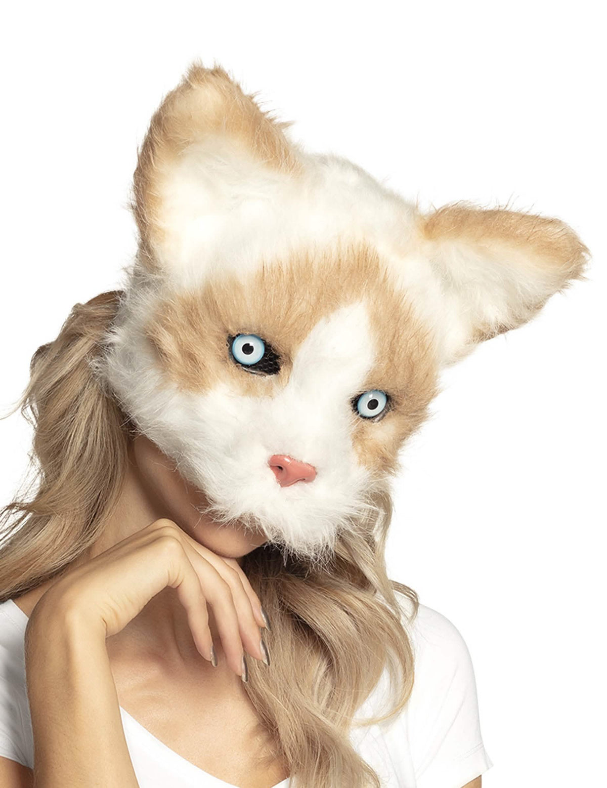 Masque chat peluche pour adulte blanc et beige aux yeux bleus