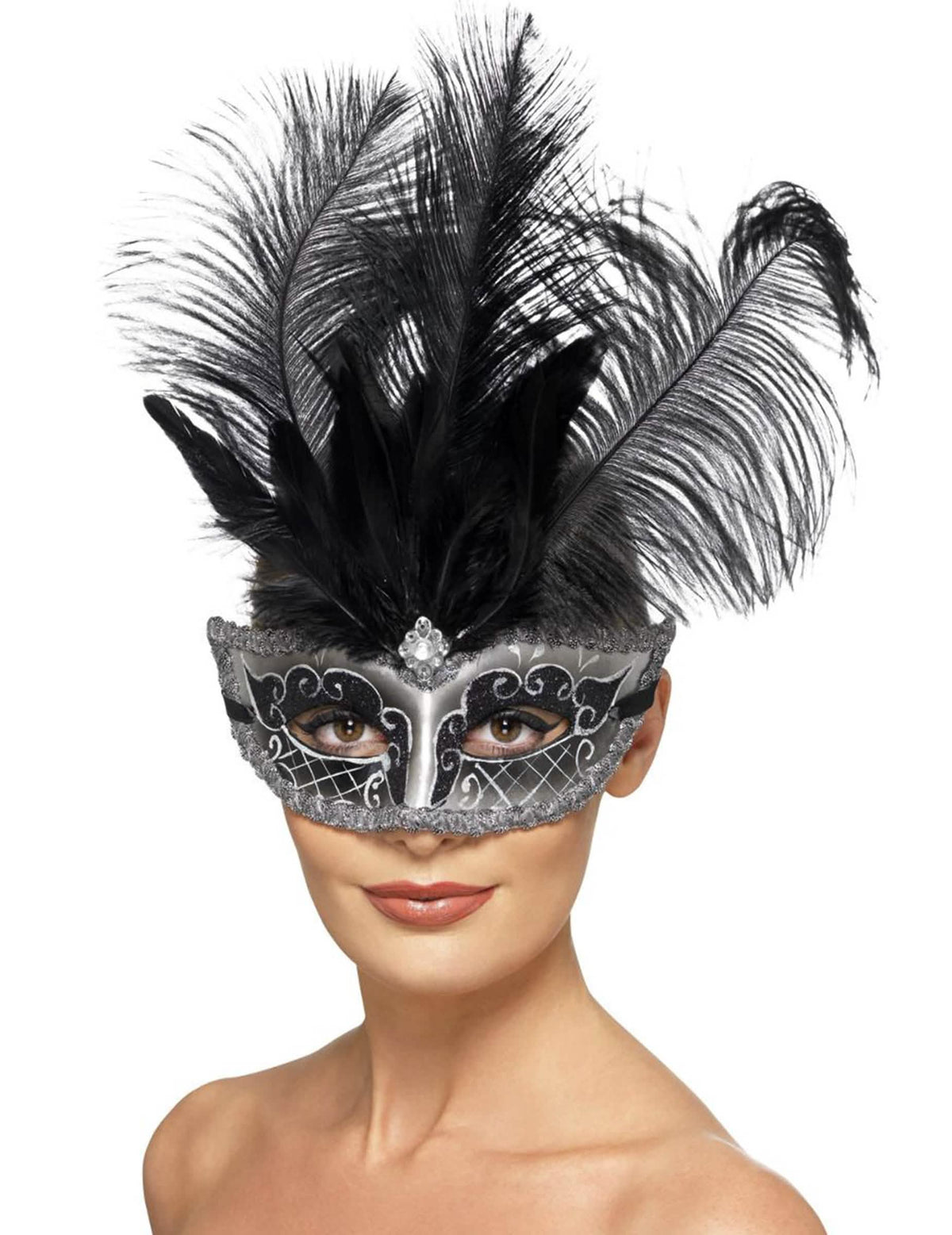 Venezianische Colombina-Maske für Erwachsene Farbe Grau mit schwarzen Federn