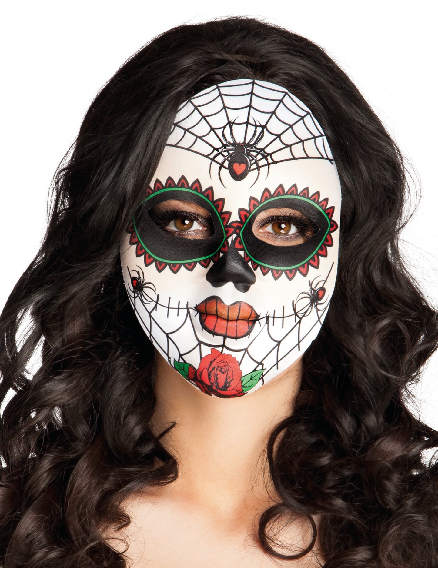 Maske für den Día de los Muertos mit Spinnen für Erwachsene in Weiß mit bunten Mustern