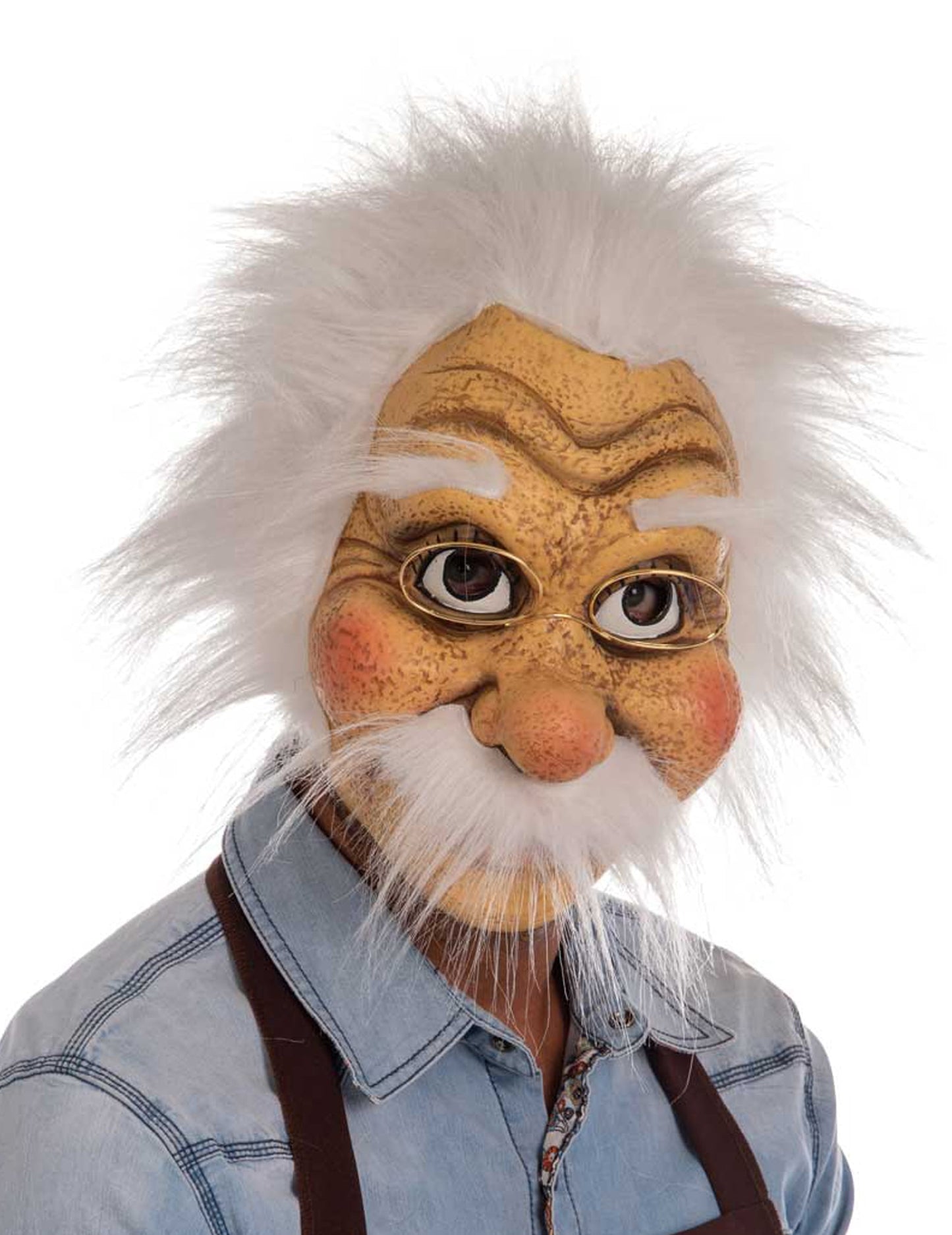 Masque latex Geppetto pour adulte beige avec cheveux et moustache blancs et lunettes