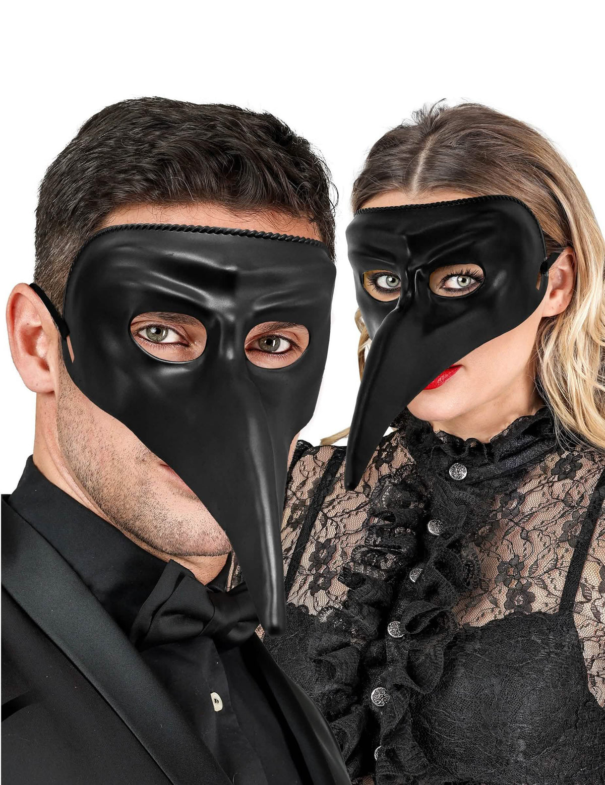 Ansicht getragen von einem Herren und einer Dame der lange-Nase-Maske für Erwachsene Schwarz