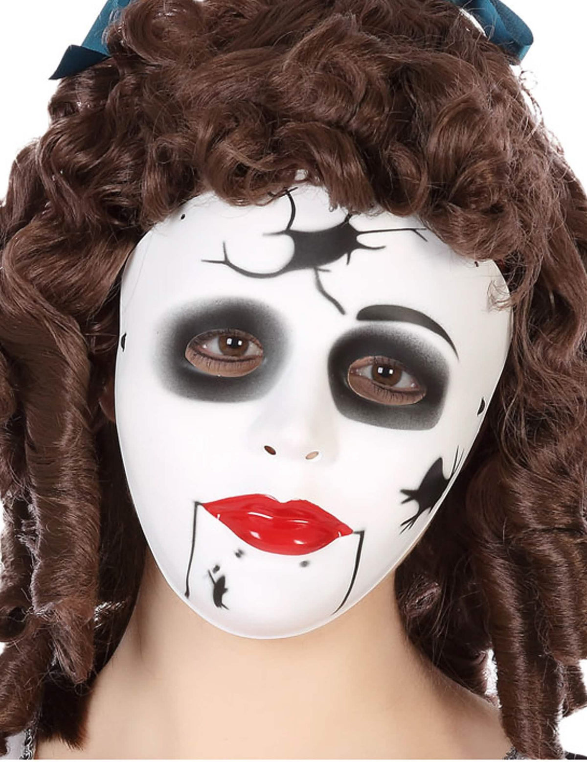 Masque poupée fissurée pour adulte blanc avec fissures noires et lèvres rouges