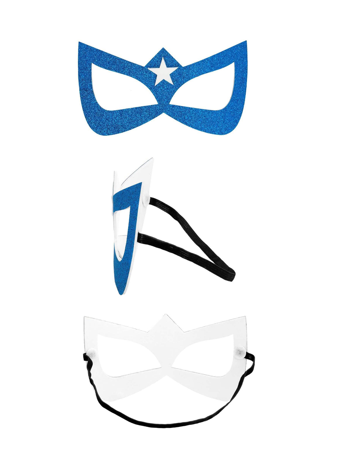 Vues de face, de profil et de l'élastique du masque de super héroïne pour adulte