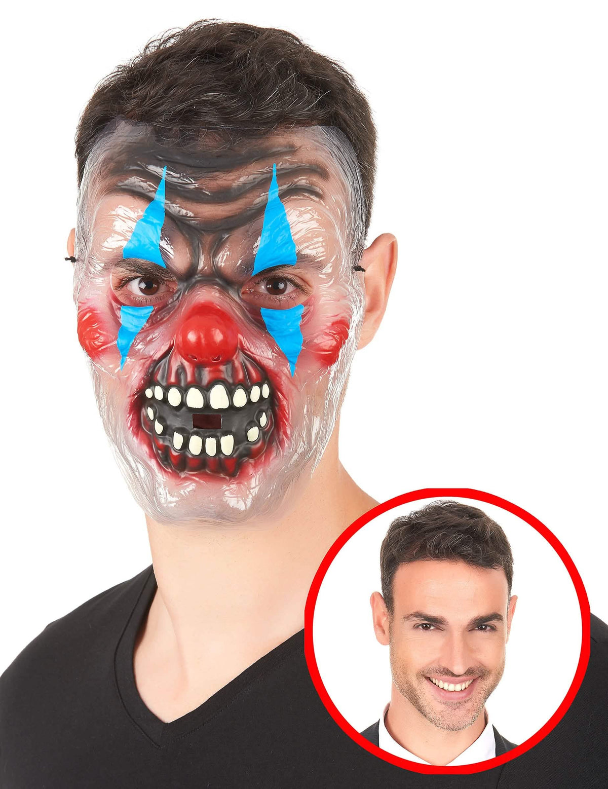 Transparente gruselige Clown-Maske für Erwachsene zweifarbig Blau und Rot