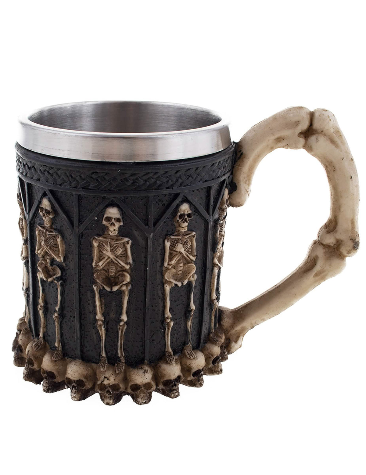 Mug squelette pour adulte noir avec anse en os et relief de crânes