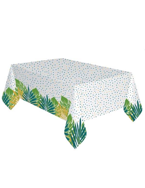 Nappe en papier tropical chic blanche à pois et motifs feuilles exotiques vertes et dorées