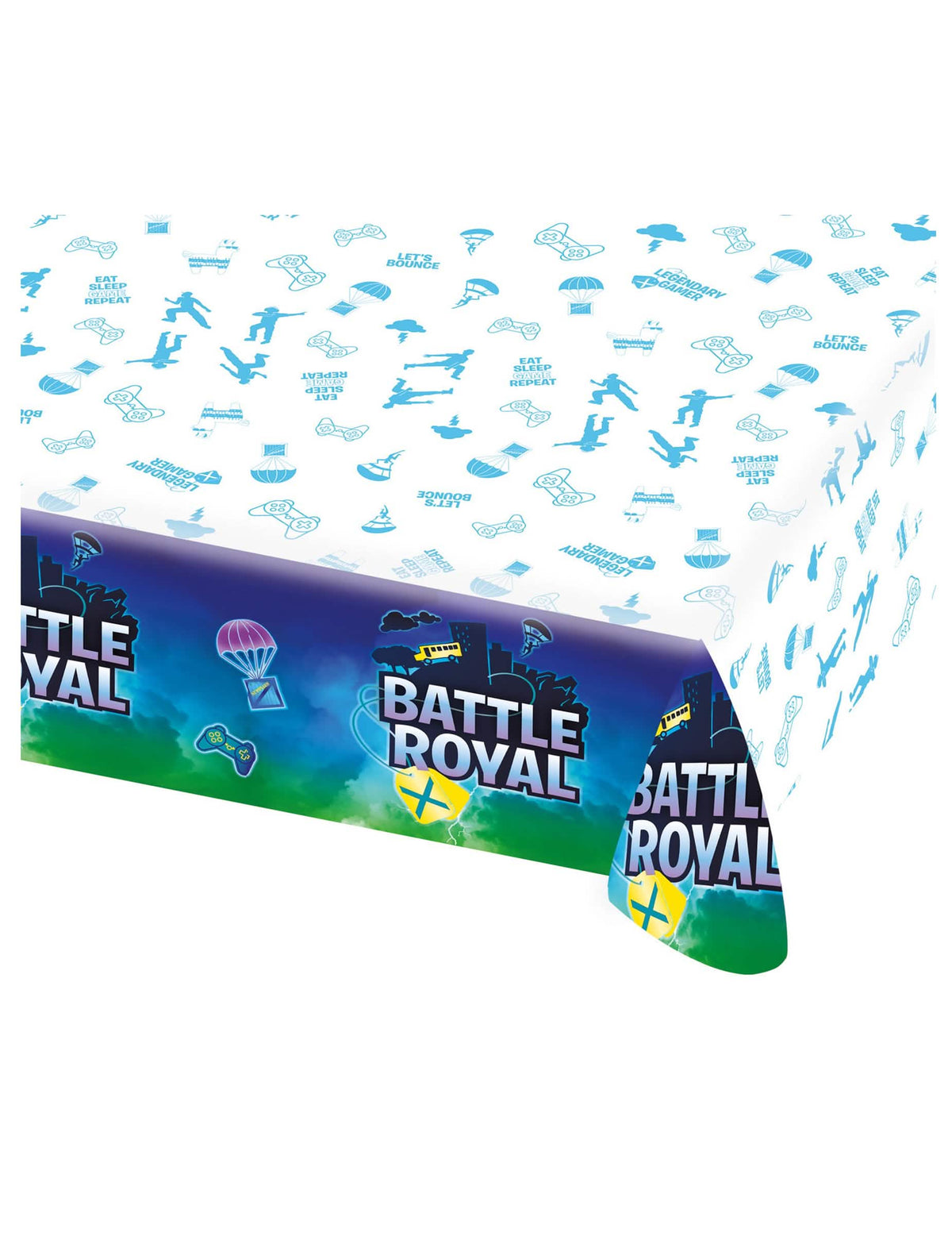 Nappe en plastique Battle Royale pour anniversaire blanche et bleue avec motifs de jeux vidéo