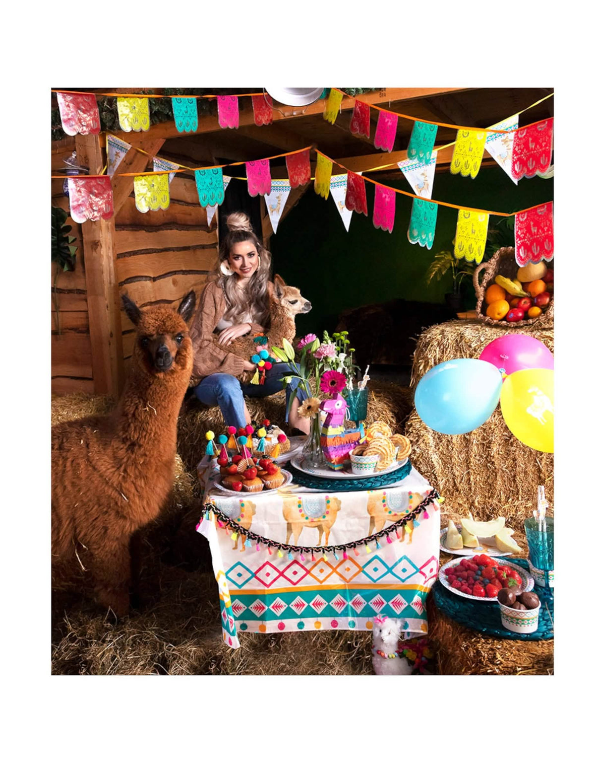 Mise en scène festive avec des alpagas de la nappe en plastique lama