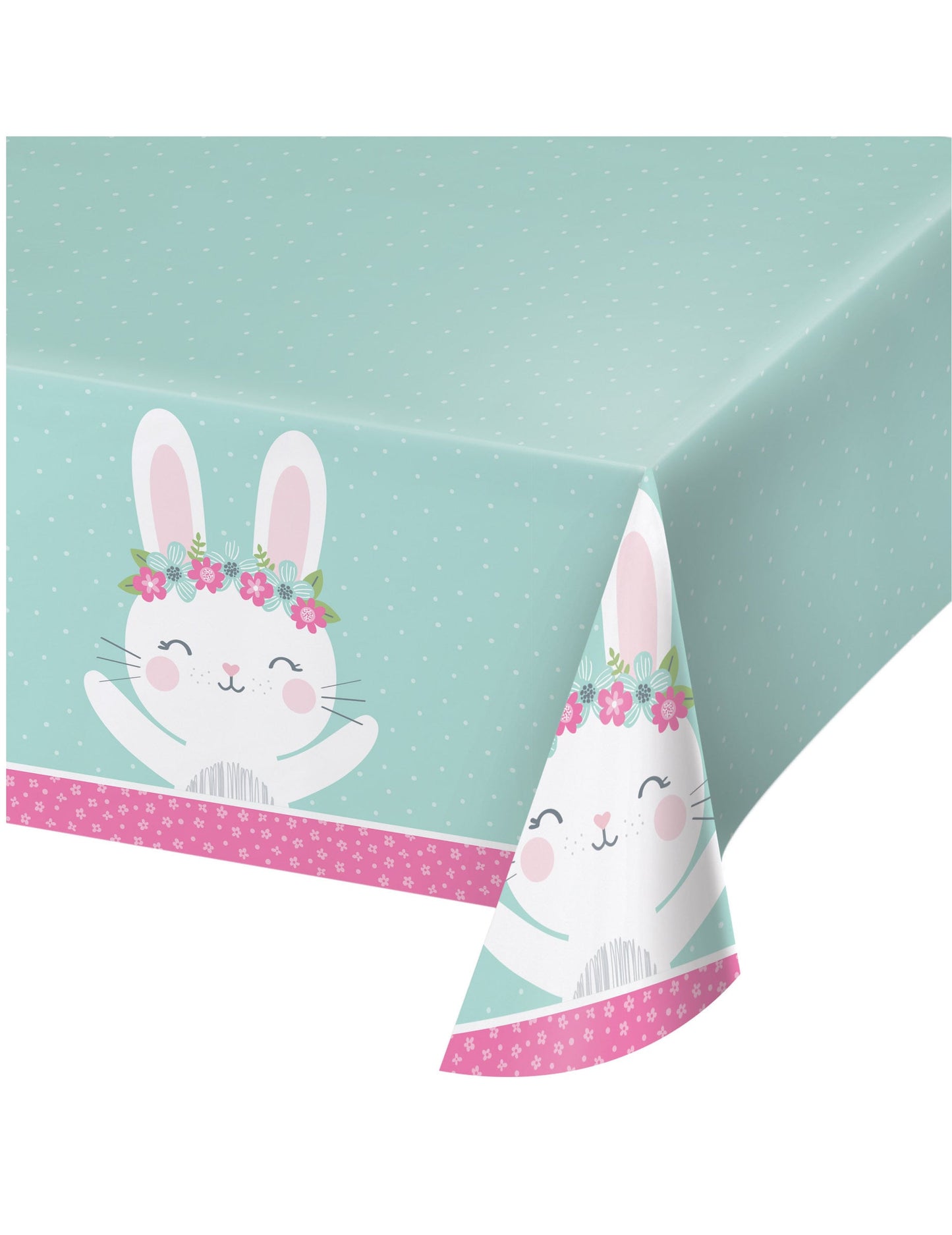 Nappe en plastique petit lapin pour anniversaire menthe avec fleurs roses