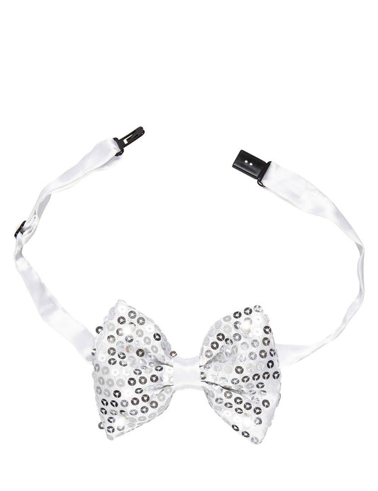 Détail du système d'attache du noeud papillon avec sequins et LED clignotantes